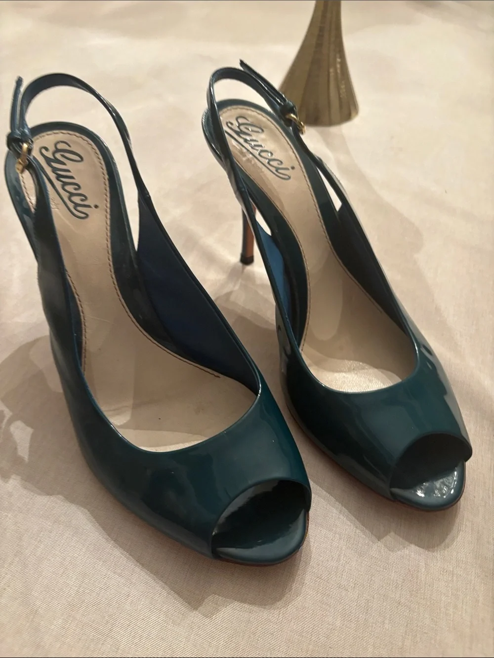 Gucci Teal Patent Peep-Toe Slingback Heels - Picture 4 of 8